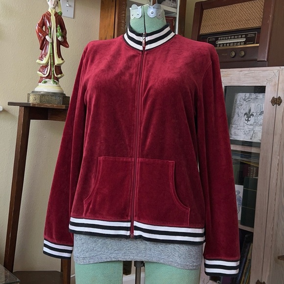 Emma James Jackets & Blazers - Red Velvet Velour Track Jacket Y2K Emo Soft Grunge Zip Up Striped Collar retro